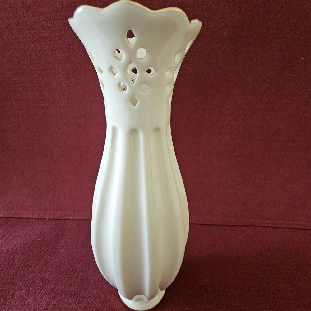 Vintage Lenox  Bud Vase Linen and Lace Pierced Vase Ivory Gold  Trim New In Box